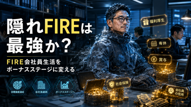 光学迷彩をまとった隠密特殊部隊長のようなメガネおじさんが、オフィスで周囲に気付かれず働きながら、福利厚生や給与を“ボーナスステージ”として回収している実写風アイキャッチ画像