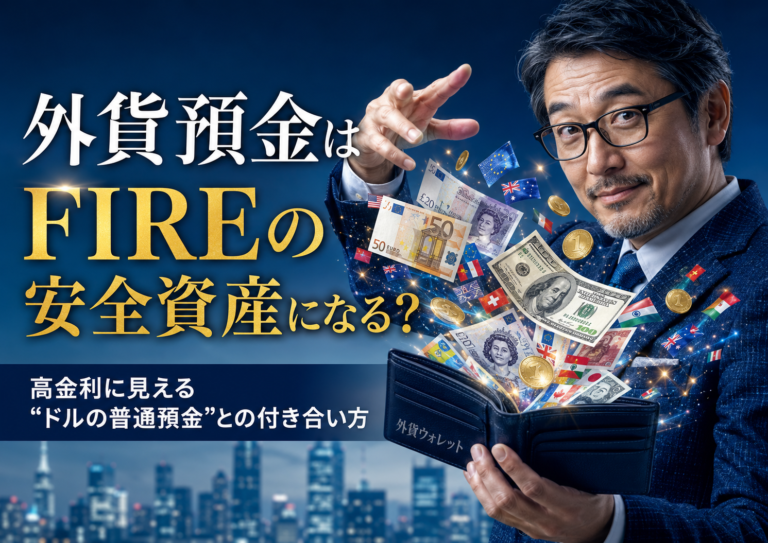 シルクハットのマジシャンのように、外貨財布からドルやユーロなど世界の通貨を取り出すメガネおじさん。外貨預金をFIRE目線で考える記事のアイキャッチ。