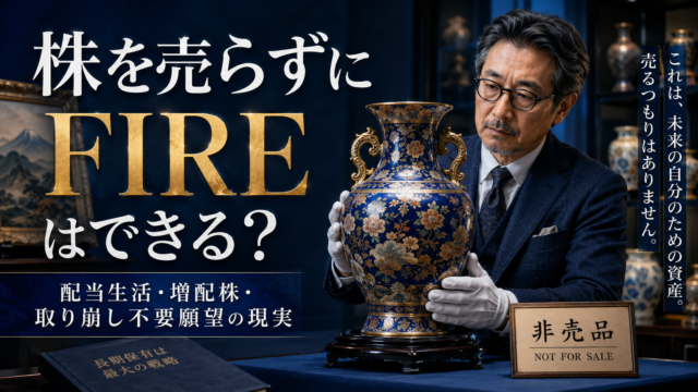 美術商風のメガネおじさんが、高配当株を象徴する高価な壺を「非売品」として大切に守り、株を売らずにFIREを目指す配当生活と増配株投資を表現した青基調のアイキャッチ画像