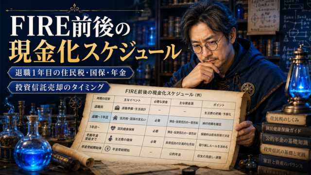 中世の錬金術師姿のメガネおじさんが、青く光る実験器具に囲まれながら、FIRE前後の現金化スケジュール表を確認している実写風アイキャッチ画像