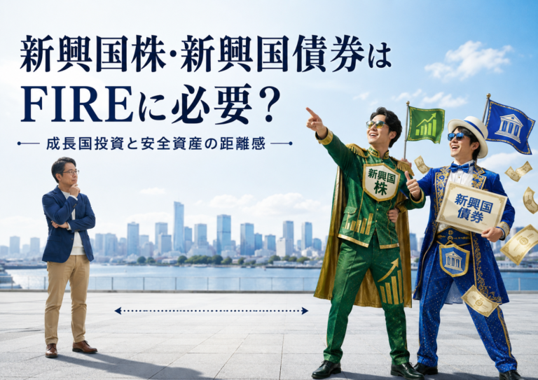 新興国株と新興国債券を擬人化したイケイケの二人組から、メガネおじさんが適切な距離を取りながら、FIRE資産としての新興国投資と安全資産の距離感を考えている青基調の実写風アイキャッチ画像
