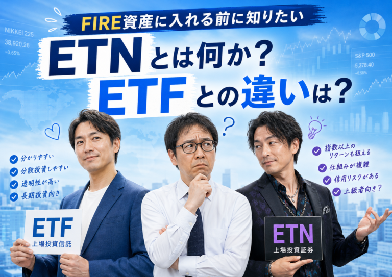 双子のようによく似たETFとETNを擬人化した2人が、それぞれ違う服装と性格を見せる中で、中央のメガネおじさんが「どっちがどっち？」と困惑している青基調の実写風アイキャッチ画像