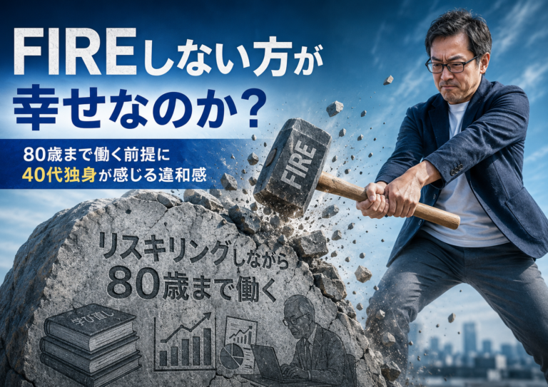 「80歳まで働く」「リスキリング」と刻まれた巨大な岩を、FIREと書かれたハンマーでメガネおじさんが力強く打ち砕き、40代独身のFIRE目線で“長く働き続ける前提”への違和感を表現した青基調の実写風アイキャッチ画像