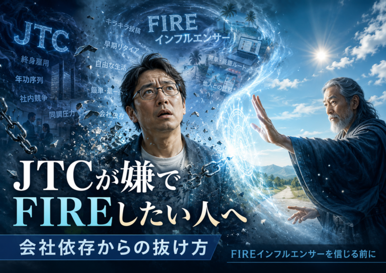 JTCやFIREインフルエンサーという幻惑に包まれたメガネおじさんが、賢者の放つ解除魔法によって会社依存と他人の成功モデルへの依存から解き放たれていく様子を描いた、青基調の実写風アイキャッチ画像