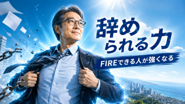 会社への依存を断ち切る「辞められる力」を手に入れ、FIREできる人の強さを象徴するメガネおじさんを描いた、青基調の実写風アイキャッチ画像