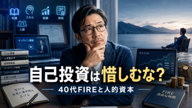 自己投資と金融資産のどちらにお金と時間を振り向けるか考え、40代FIREと人的資本のバランスを見つめるメガネおじさんを描いた、青基調の実写風アイキャッチ画像