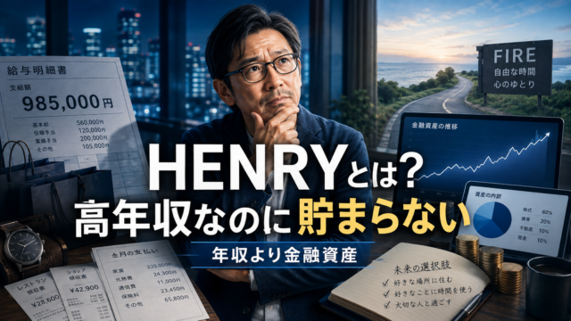 高年収なのに金融資産が増えないHENRY状態に気づき、収入より資産形成とFIREへの道を考えるメガネおじさんを描いた、青基調の実写風アイキャッチ画像