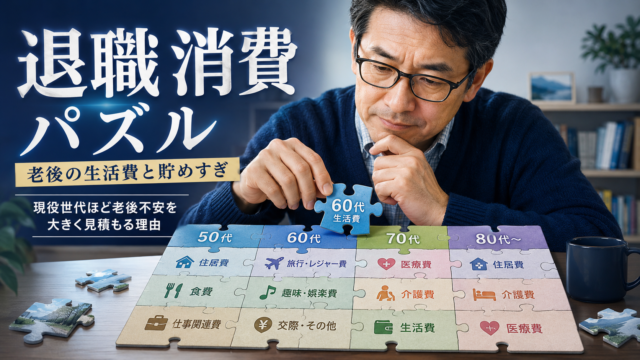 年代ごとに変化する老後の生活費や医療費・介護費などのピースを組み合わせ、退職消費パズルを完成させようと考えるメガネおじさんを描いた、青基調の実写風アイキャッチ画像
