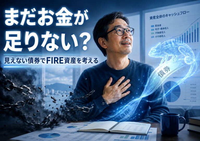 これまで見えていなかった給料という“見えない債券”に気づき、マネーディスモーフィアによる「まだお金が足りない」という不安から解放されるメガネおじさんを描いた、青基調の実写風アイキャッチ画像