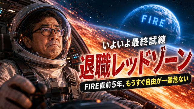 長年の資産形成という宇宙の旅を終え、惑星FIREへの着陸直前に最後の難関「退職レッドゾーン」へ突入し、必死に耐える宇宙飛行士姿のメガネおじさんを描いた、青基調の実写風アイキャッチ画像