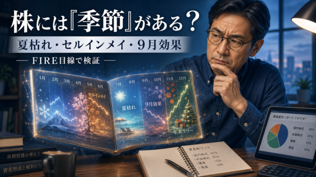 魔法の相場カレンダーを怪しむように見つめながら、自分のポートフォリオを確認するメガネおじさんを描いた、青基調の実写風アイキャッチ画像