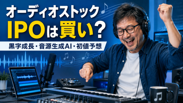 音楽クリエーター風のメガネおじさんがヘッドホンを着け、ノリノリで音楽制作をしている様子を描いた、青基調の実写風アイキャッチ画像