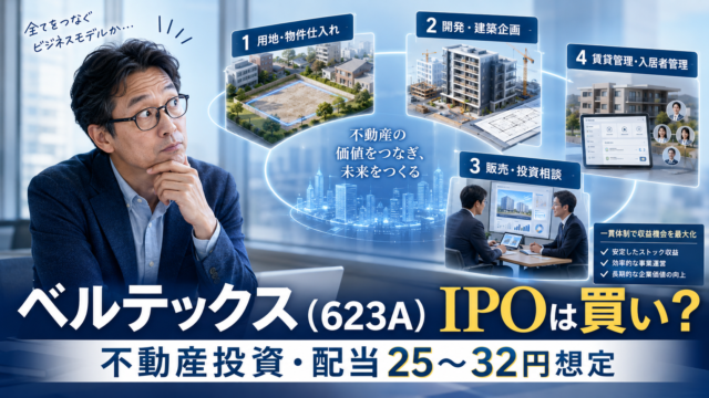 用地・物件仕入れ、開発・建築企画、販売・投資相談、賃貸管理・入居者管理までを一体で手がける不動産会社のビジネスモデルを、興味深そうに眺めるメガネおじさんを描いた、青基調の実写風アイキャッチ画像