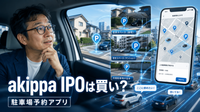 車の中から、個人宅やマンション、月極駐車場などの空きスペースをアプリでつなぐ駐車場マーケットプレイスを興味深そうに眺めるメガネおじさんを描いた、青基調の実写風アイキャッチ画像