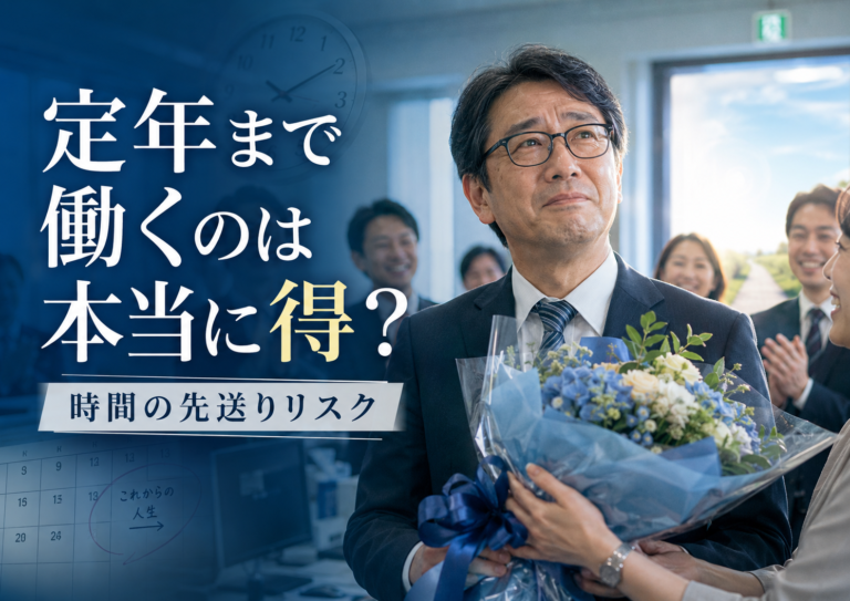 定年退職の日に同僚から花束を受け取り見送られながら、感慨深さと「定年まで働いて本当に良かったのか」という迷いが入り混じった表情を浮かべるメガネおじさんを描いた、青基調の実写風アイキャッチ画像