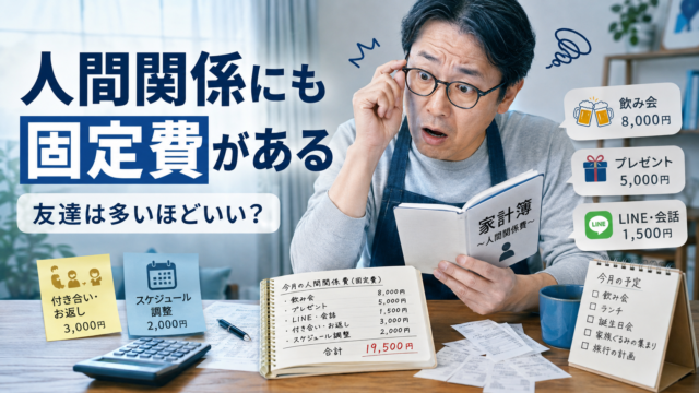 家計簿をつけながら、飲み会やプレゼント、LINEなど人付き合いにかかる「人間関係の固定費」が意外に大きいことに驚く、エプロン姿のメガネおじさんを描いた青基調の実写風アイキャッチ画像
