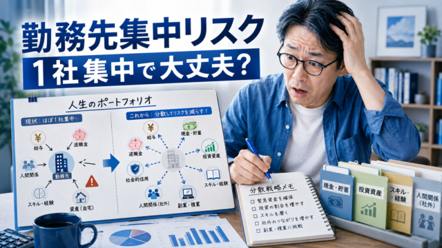 自分の人生ポートフォリオを見直し、給料・退職金・人脈などが勤務先1社に集中していることに気づいて、慌てて静かな分散戦略を考え始めるメガネおじさんを描いた、青基調の実写風アイキャッチ画像
