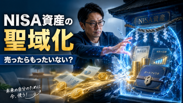 聖域のように封じられたNISA資産の結界を解除し、資産を外へ解き放とうとする最強呪術師のメガネおじさんを描いた、青基調の実写風アイキャッチ画像