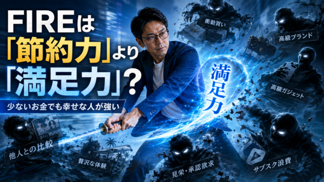節約力を超える「満足力」を手に入れ、衝動買い・高級ブランド・見栄・サブスク浪費などの誘惑を次々となぎ倒していくメガネおじさんを描いた、青基調の実写風アイキャッチ画像