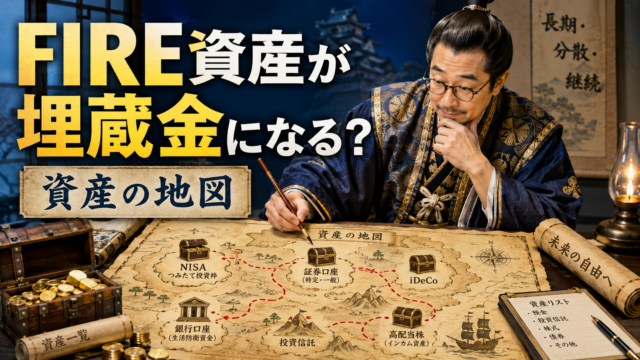 お殿様姿のメガネおじさんが、NISA・証券口座・銀行口座・iDeCoなど自分のFIRE資産の在処を宝の地図として整理し、「資産の地図」を作っている様子を描いた青基調の実写風アイキャッチ画像