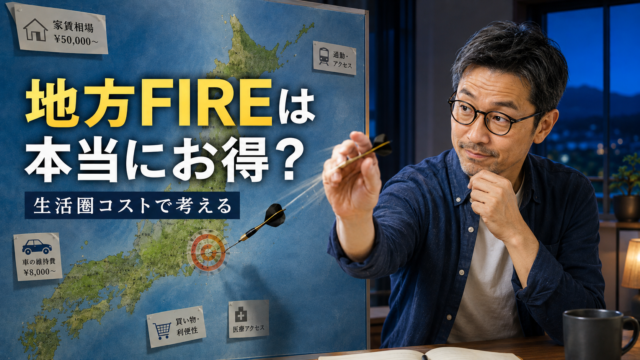 日本地図にダーツを投げながら、地方FIREの住む場所を考えているメガネおじさんが、家賃相場・車の維持費・通勤アクセス・買い物利便性・医療アクセスなどを見比べている、青基調の実写風アイキャッチ画像
