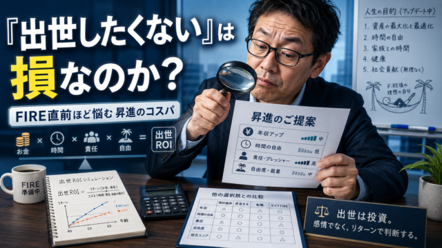 会社から提示された昇進条件を虫眼鏡で査定し、年収アップ・時間・責任・自由度を比較しながら「出世ROI」を見極めるプロ鑑定士風のメガネおじさんを描いた、青基調の実写風アイキャッチ画像