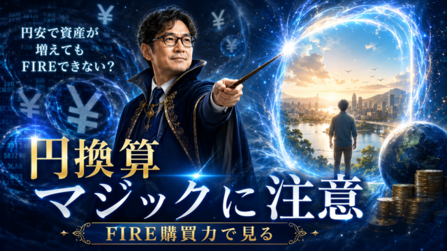 円換算マジックを見抜き、杖を振るってFIRE購買力の本質に気づくスーパー魔術師風のメガネおじさんを描いた、青基調の実写風アイキャッチ画像
