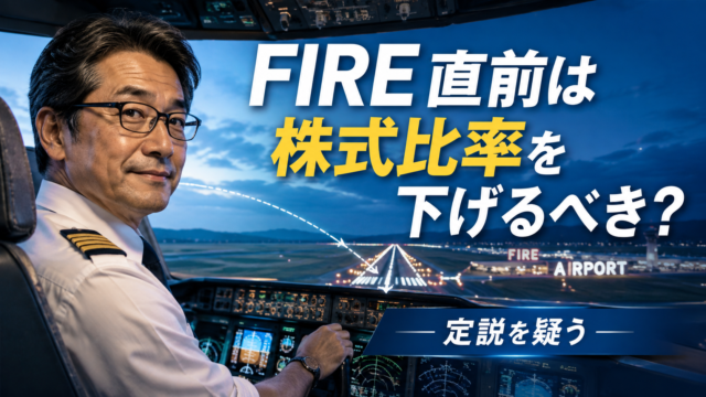 FIRE直前の株式比率を見直し、最適なグライドパスでFIRE空港へ安全着陸する優秀なパイロット風のメガネおじさんを描いた、青基調の実写風アイキャッチ画像