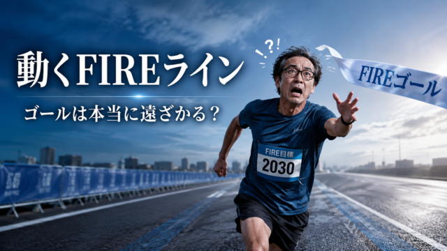動いていくFIREゴールテープに困惑しながらも、FIRE必要資産のゴールを目指して必死に走るマラソントップランナー風のメガネおじさんを描いた、青基調の実写風アイキャッチ画像
