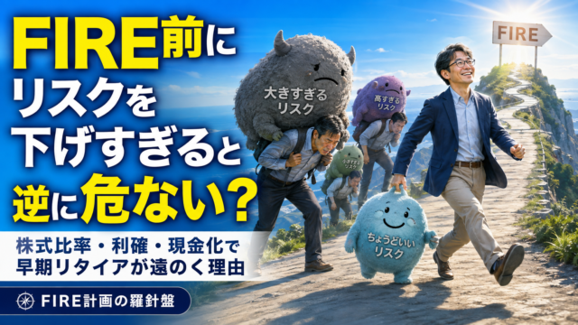 FIRE前にリスクを下げすぎる危険性を表現したイメージ。さまざまな大きさのリスクを背負う人々と、適度なリスクと手をつないでFIREへの道を進むメガネの男性。
