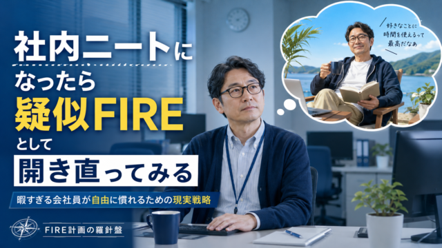 暇すぎる社内ニート状態のメガネ会社員がPCに向かいながら、心の中では自由な疑似FIRE生活を楽しんでいる様子