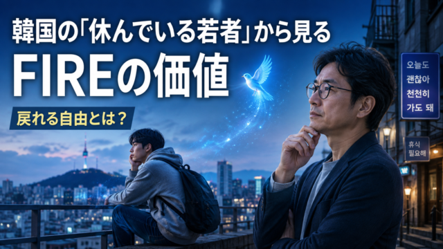 韓国の「休んでいる若者」を見つめながら、メガネおじさんがFIREの本当の価値と「戻れる自由」について考えている、青い鳥をモチーフにした青基調の実写風アイキャッチ画像