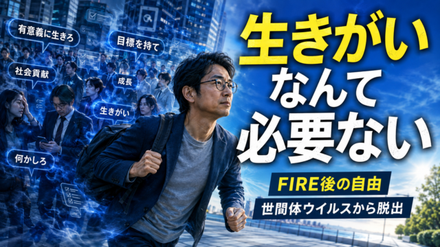 世間体や「生きがいを持て」という圧力に包まれた街から、メガネおじさんがFIRE後の自由を求めて脱出しようとしている、青基調の実写風アイキャッチ画像