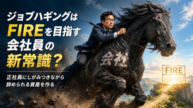 会社という巨大な暴れ馬にしがみつきながら、メガネおじさんがFIREという着地点を目指して振り落とされずに進んでいく様子を描いた、青基調の実写風アイキャッチ画像