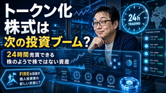 近未来の青いトレーディング空間で、メガネおじさんが24時間取引できるトークン化株式の画面を前に未来の投資を考えている、青基調の実写風アイキャッチ画像