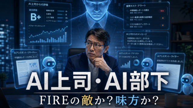 AI上司に評価され、AI部下に囲まれながら「FIREの敵か味方か」と疑心暗鬼になるメガネおじさんを描いた、青基調の実写風アイキャッチ画像