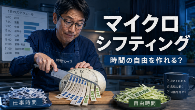 自分の1日の時間をキャベツの千切りのように仕事時間と自由時間へ細かく切り分けるメガネおじさんを描いた、マイクロシフティングを表現する青基調の実写風アイキャッチ画像
