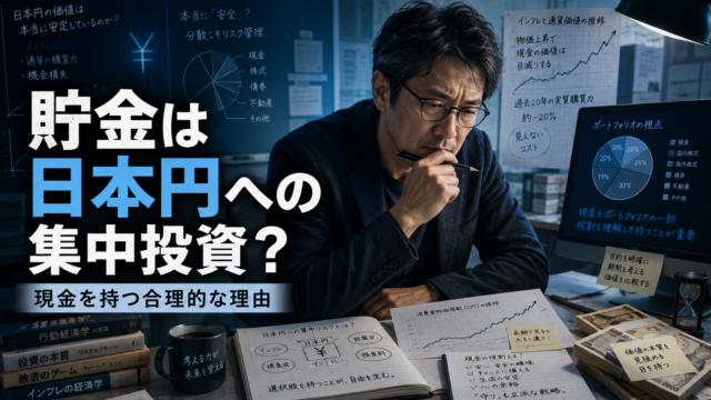 「貯金は日本円への集中投資」という定説を前に、インフレや資産分散の図表を見ながら現金を持つ合理性を研究する天才科学者風のメガネおじさんを描いた、青基調の実写風アイキャッチ画像