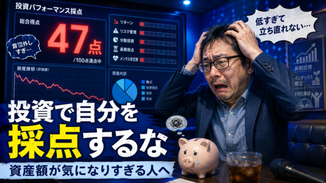 カラオケの採点画面のように投資成績を点数化され、低い得点にショックを受けて頭を抱えるメガネおじさんを描いた、青基調の実写風アイキャッチ画像