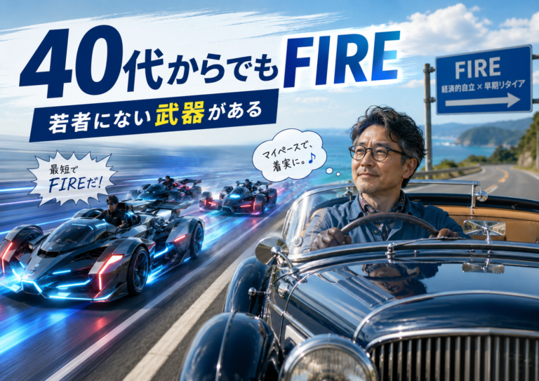 超近未来型のレーシングカーでFIREへ急ぐ若者たちを横目に、クラシックカーで自分のペースでFIREを目指すメガネおじさんを描いた、青基調の実写風アイキャッチ画像