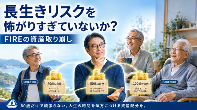 60歳・80歳・100歳の自分に資産を公平に配り、長生きリスクに備えながら今の人生も我慢しすぎないメガネおじさんを描いた、青基調の実写風アイキャッチ画像