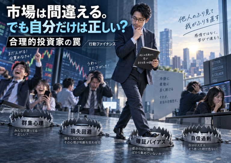 青基調の実写風アイキャッチ画像。メガネをかけた中年男性が、群集心理・損失回避・確証バイアス・自信過剰と書かれた罠を冷静に避けながら歩き、周囲で慌てる投資家たちを横目に行動ファイナンスを学んで投資判断を見直す様子が描かれている。
