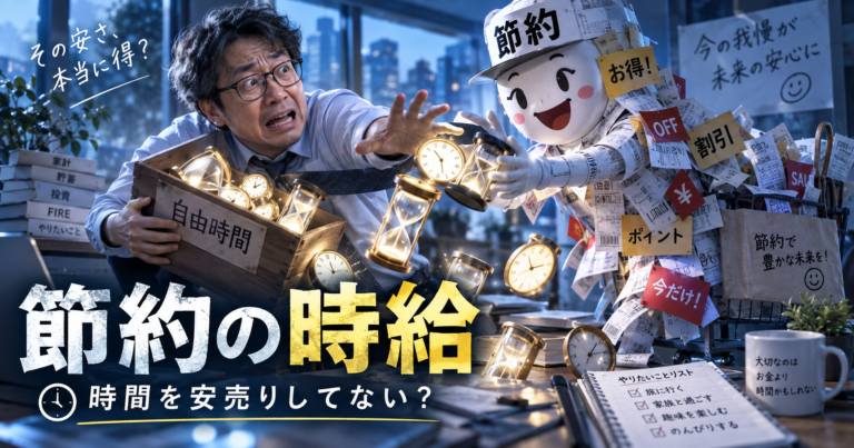 青基調の実写風アイキャッチ画像。節約のキャラクターに自由時間を奪われ、砂時計や時計がこぼれ落ちる中、メガネの中年男性が慌てる様子を通じて、節約のために時間を安売りしてしまう危うさを表現している。
