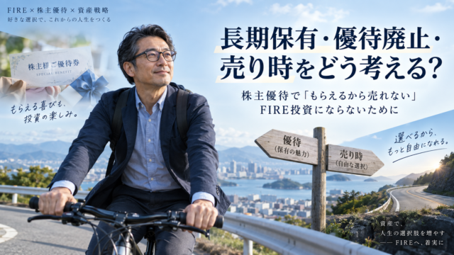 実写風の青基調イメージ。メガネの中年男性が海辺の道を自転車で走り、株主優待の券や「優待」と「売り時」を示す看板を背景に、株主優待と売れる自由の両立を考える記事テーマを表現している。