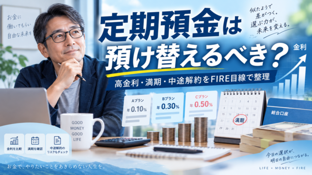 青基調の実写風アイキャッチ。メガネをかけた中年男性が机で考え込み、コインやグラフ、満期カレンダーを前に「定期預金は預け替えるべき？ 高金利・満期・中途解約をFIRE目線で整理」と大きく表示された画像。