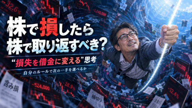 青基調の実写風アイキャッチ。株の損失回収に苦しむメガネの中年男性が、負のスパイラルから光る糸につかまって這い上がる姿を描く。「株で損したら株で取り返すべき？」をテーマに、投資判断とリベンジトレードの危うさを表現した画像。