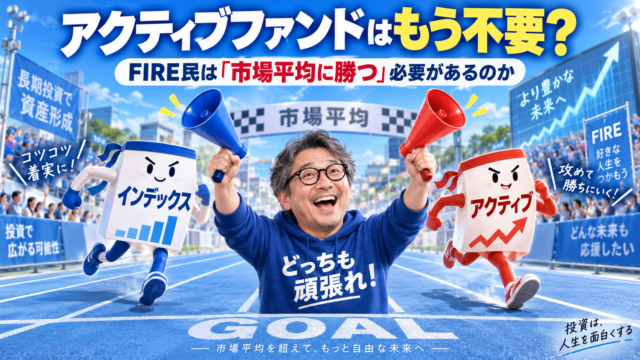 青基調の実写風アイキャッチ。市場平均を目指して競うインデックスファンドとアクティブファンドを、メガネの中年男性が「どっちも頑張れ」と応援している様子を描いた画像。FIRE民の投資信託選びを表現している。