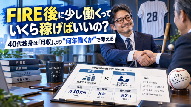 青基調の実写風アイキャッチ。FIRE後の働き方をプロ野球選手の契約更改のように見立て、メガネの中年男性がオーナー風の相手と笑顔で握手している。机上には資産と労働の配分、月収、働く期間、働く頻度を示した資料があり、40代独身がFIRE後に少し働く期間と収入を考える様子を表現している。