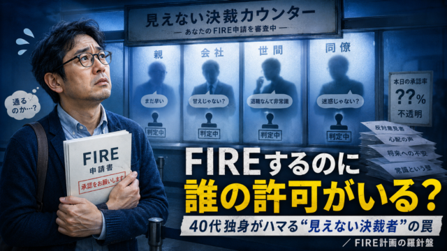 見えない決裁者たちにFIREの申請を出し、承認されるか不安そうに待つメガネのおじさんを描いた、青基調の実写風アイキャッチ。背後には「親」「会社」「世間」「同僚」と書かれた見えない審査窓口が並び、FIRE前に他人の許可を求めてしまう心理を表現している。