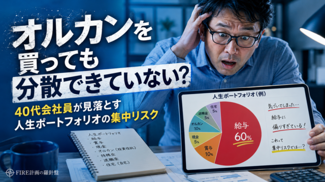 人生ポートフォリオを計算した結果、給与への偏りに気づいて焦るメガネのおじさんを描いた、青基調の実写風アイキャッチ。机の上のタブレットには「人生ポートフォリオ」の円グラフが表示され、「給与60％」と大きく示されており、オルカンを買っていても人生全体では分散できていない可能性を表現している。